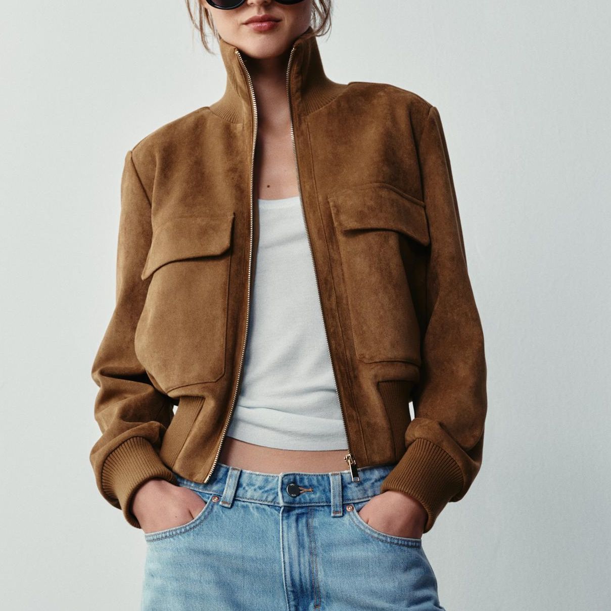 Faux Suede Bomber Jacket - Camel - Xs