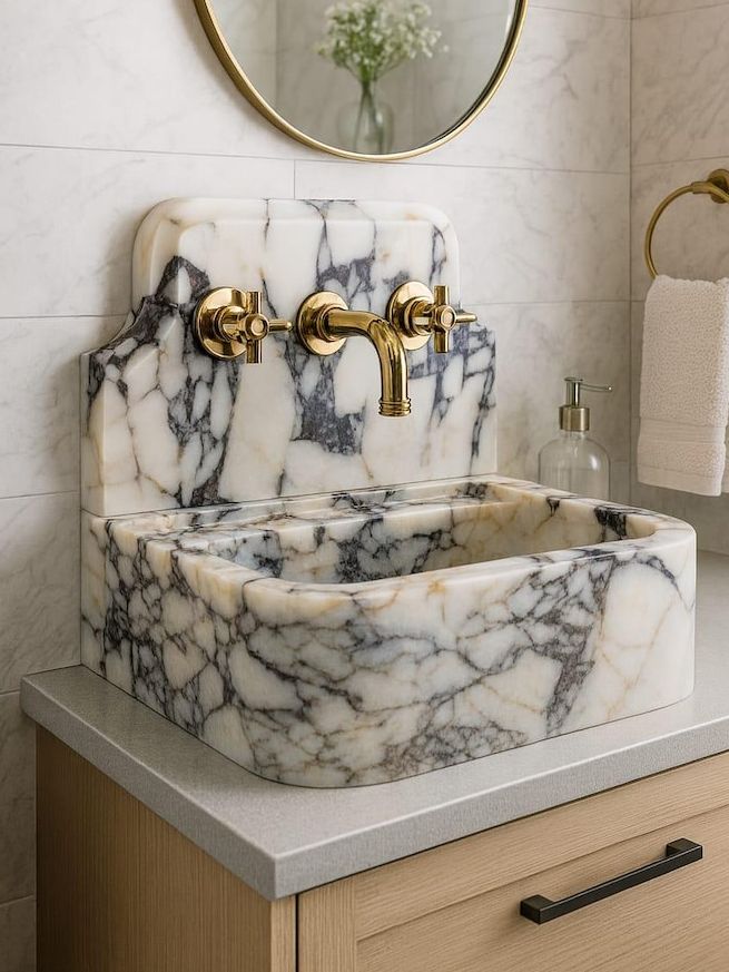 Hand Carved Calacatta Viola Marble Sink: Ribbed Wall Mount Bathroom Vanity