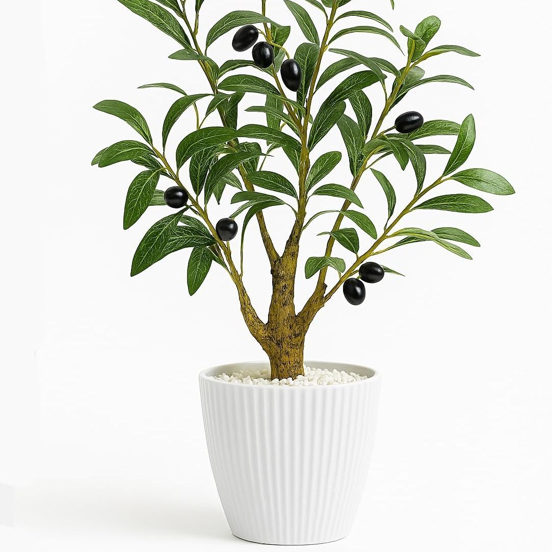 Acelist Faux Olive Tree, 16.9 Inches Small Fake Olive Trees With White Pot, Realistic Fake Tree Potted Plant and Lifelike Fruits for Home Room Modern Farmhouse Decor