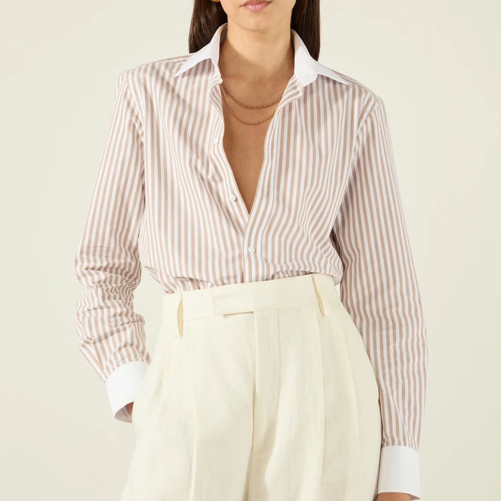 The Boyfriend Contrast: Fine Poplin, Latte Stripe