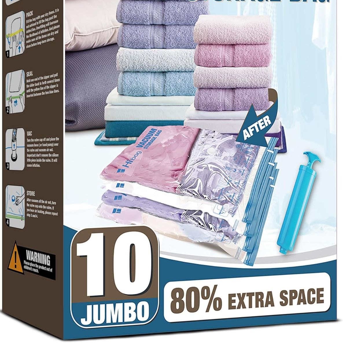 Hibag Vacuum Storage Seal Bags, 10 Jumbo Space Saver Vacuum Sealer Bags for Clothes, Comforters, Blankets, Bedding (10j)