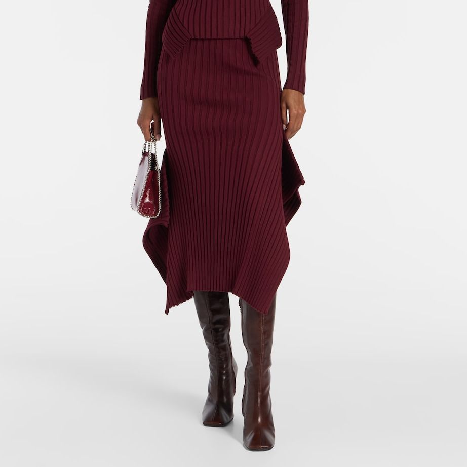 Asymmetric Ribbed-Knit Midi Skirt