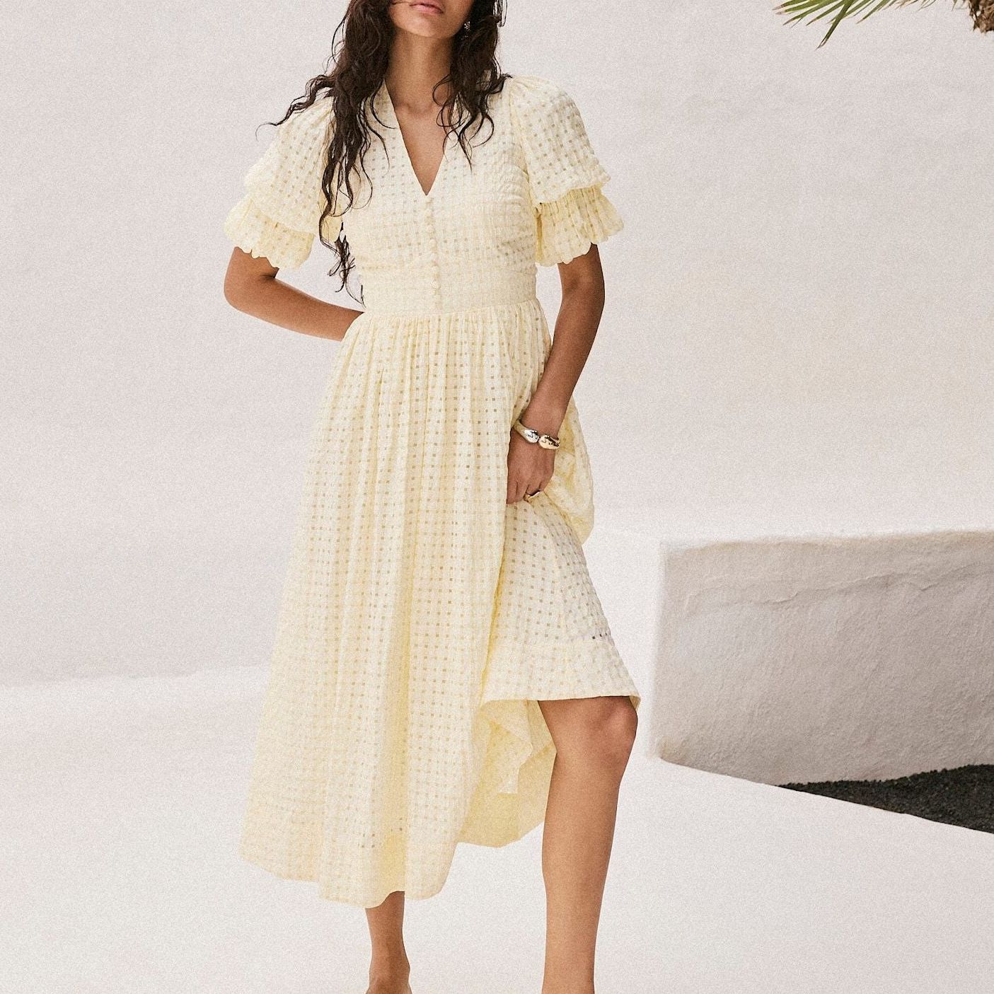 Yellow Checked Midi Dress
