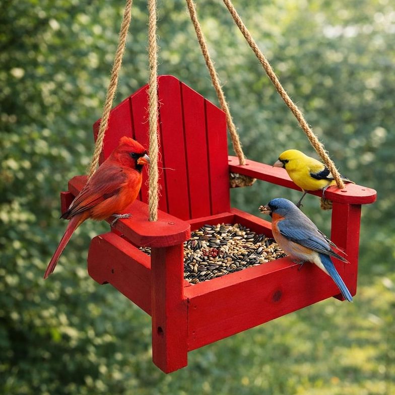Adirondack Style Chair Bird Feeder, Handmade From Wood, Metal Mesh Tray, Attracts Cardinals &amp;amp; Other Birds