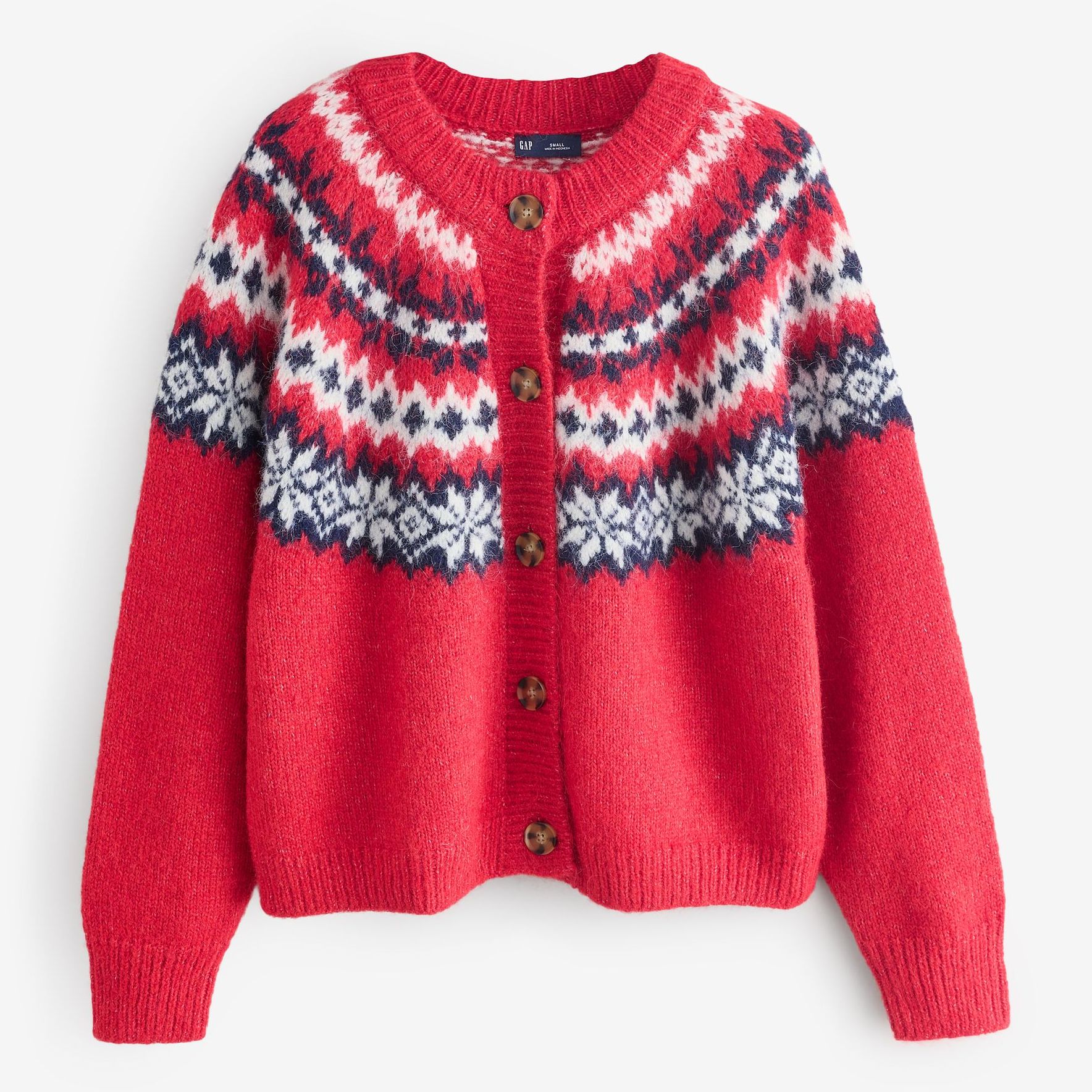 Red Fuzzy Fair Isle Pattern Cardigan