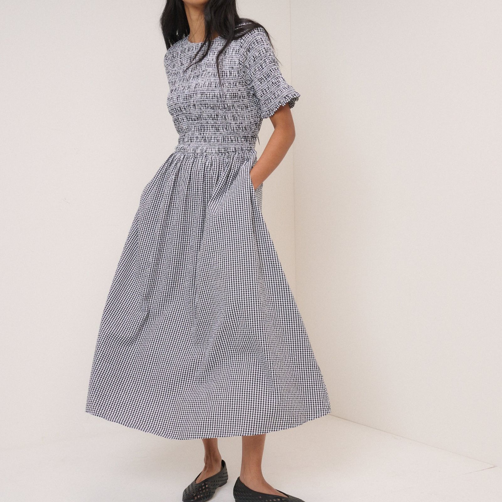 Black Gingham Shirred Leah Midi Dress