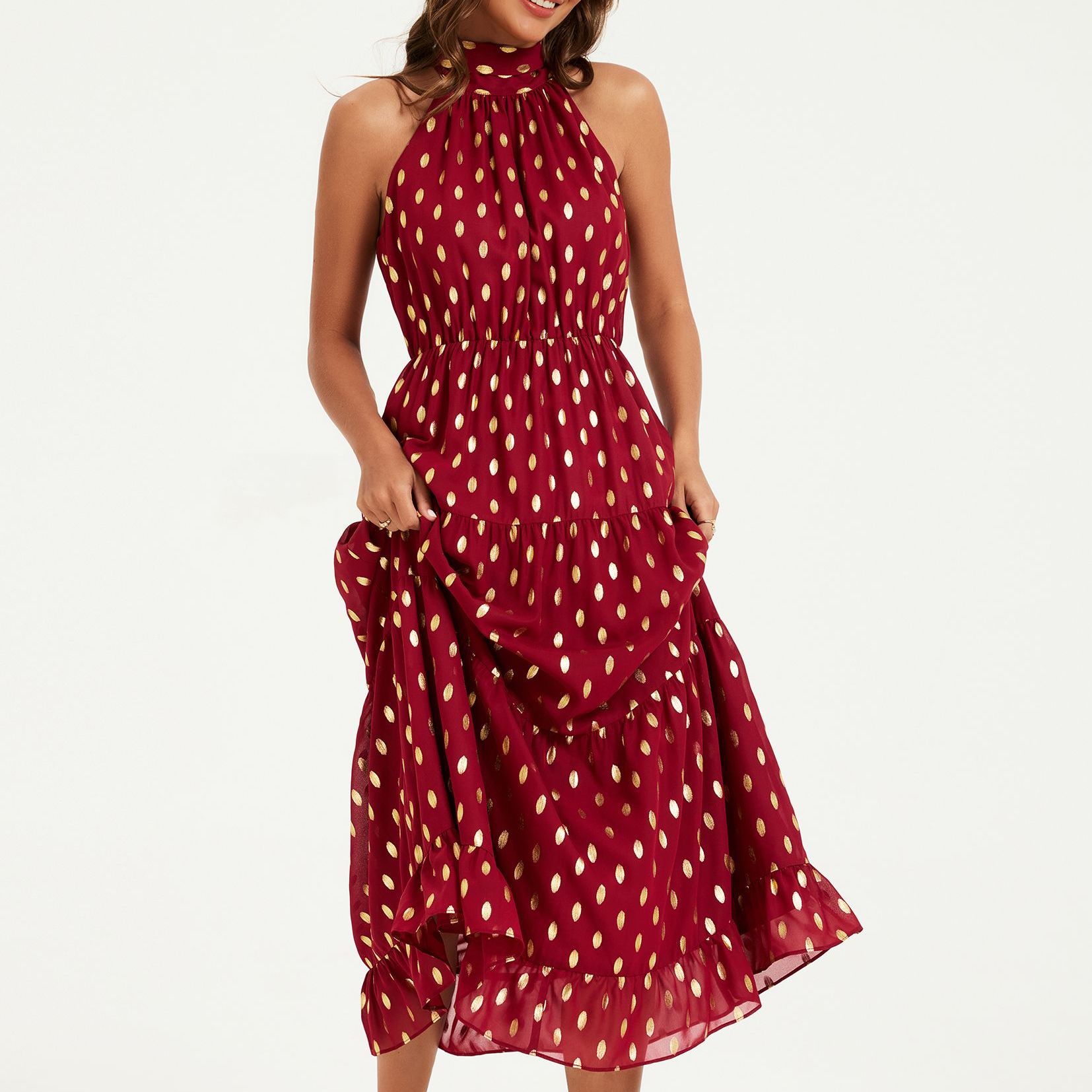 Gold Foil Halter Neck Tie Back Midi Dress in Wine