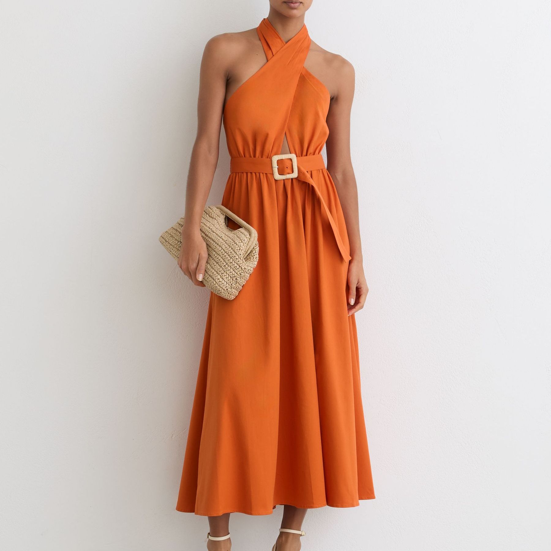 Cotton Halterneck Belted Midi Dress in Orange - Size 4