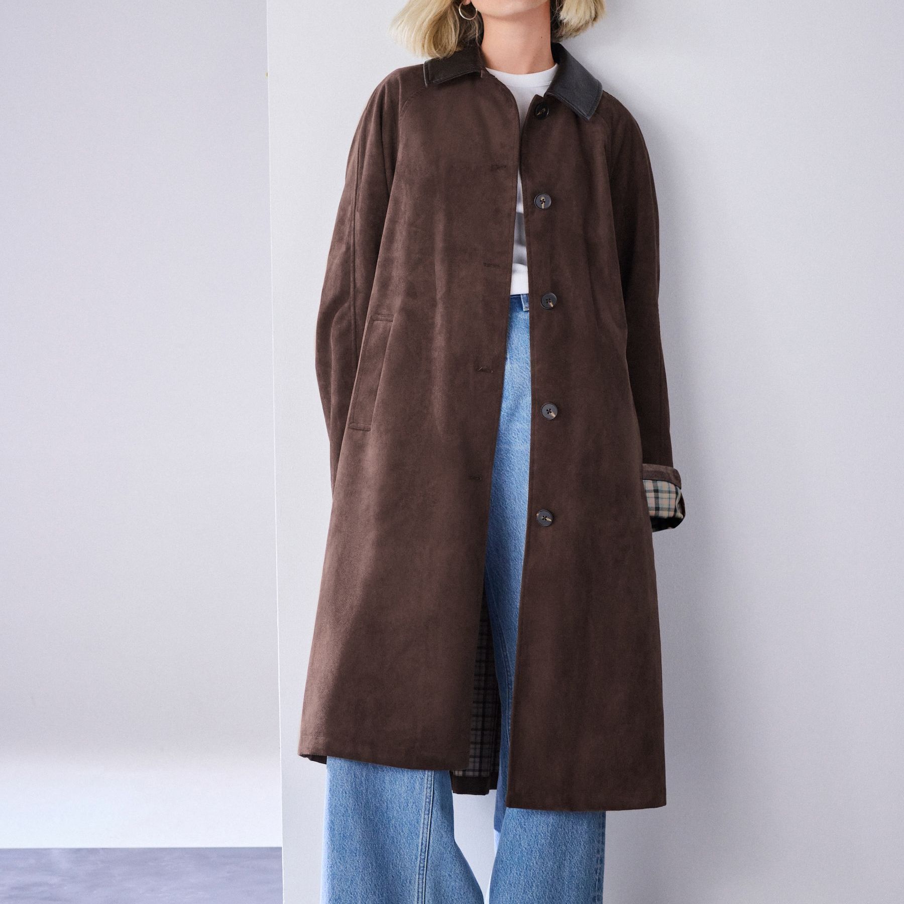 Chocolate Brown Check Lined Faux Suede Trench Coat - Size 6