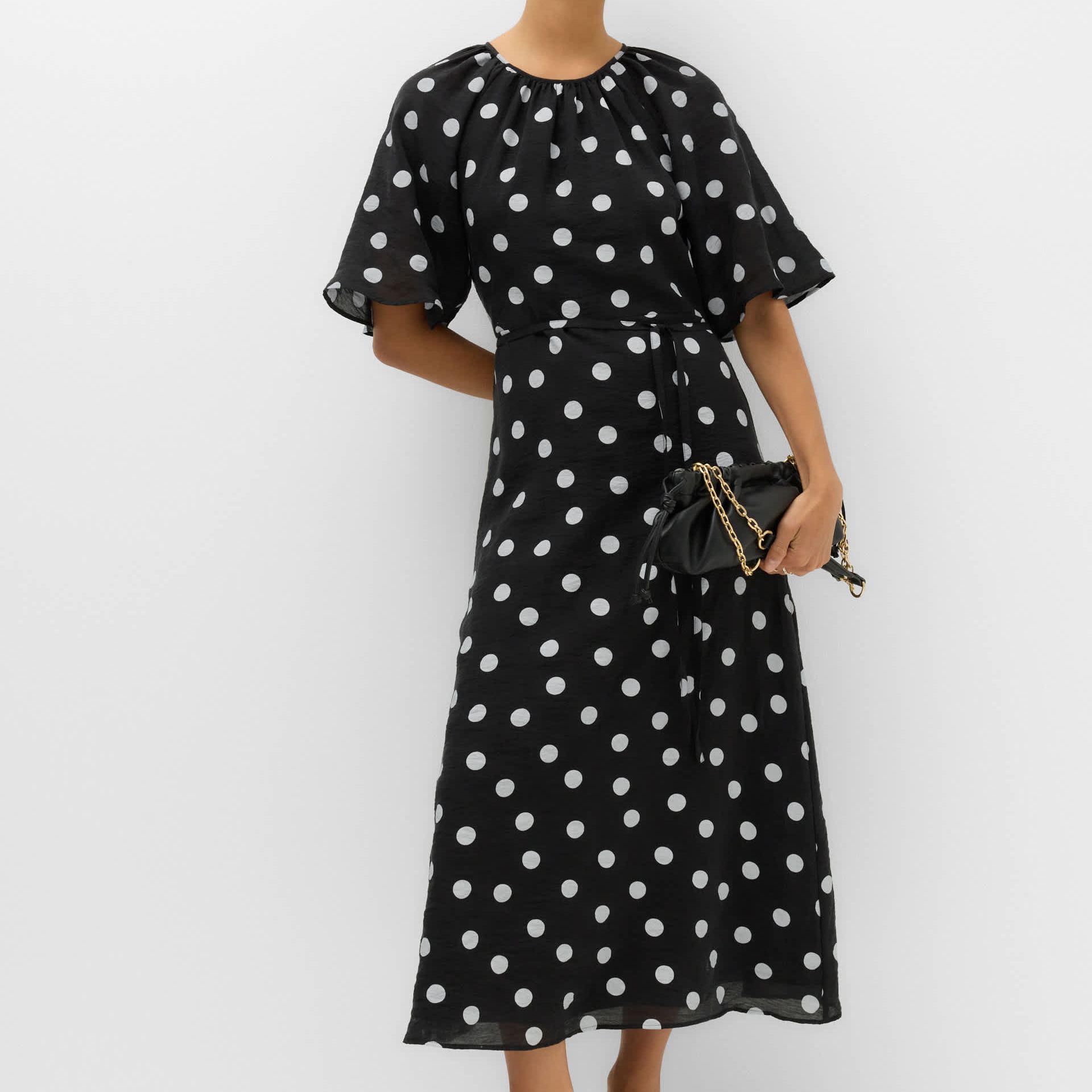 Lyocell Rich Polka Dot Midi Waisted Dress