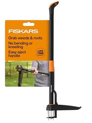 Fiskars Stand-Up Weed Puller Tool, 4 Serrated Stainless Steel Claws Grip Roots for Permanent Removal, Reinforced Foot Platform Penetrates Tough Soil, Easy-Eject &amp;amp; Ergonomic Offset Handle, 39"