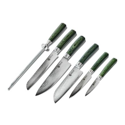 Hexclad Essential Knife Set, 6-Piece, Japanese Damascus Stainless Steel Blades, Full Tang Construction, Pakkawood Handles