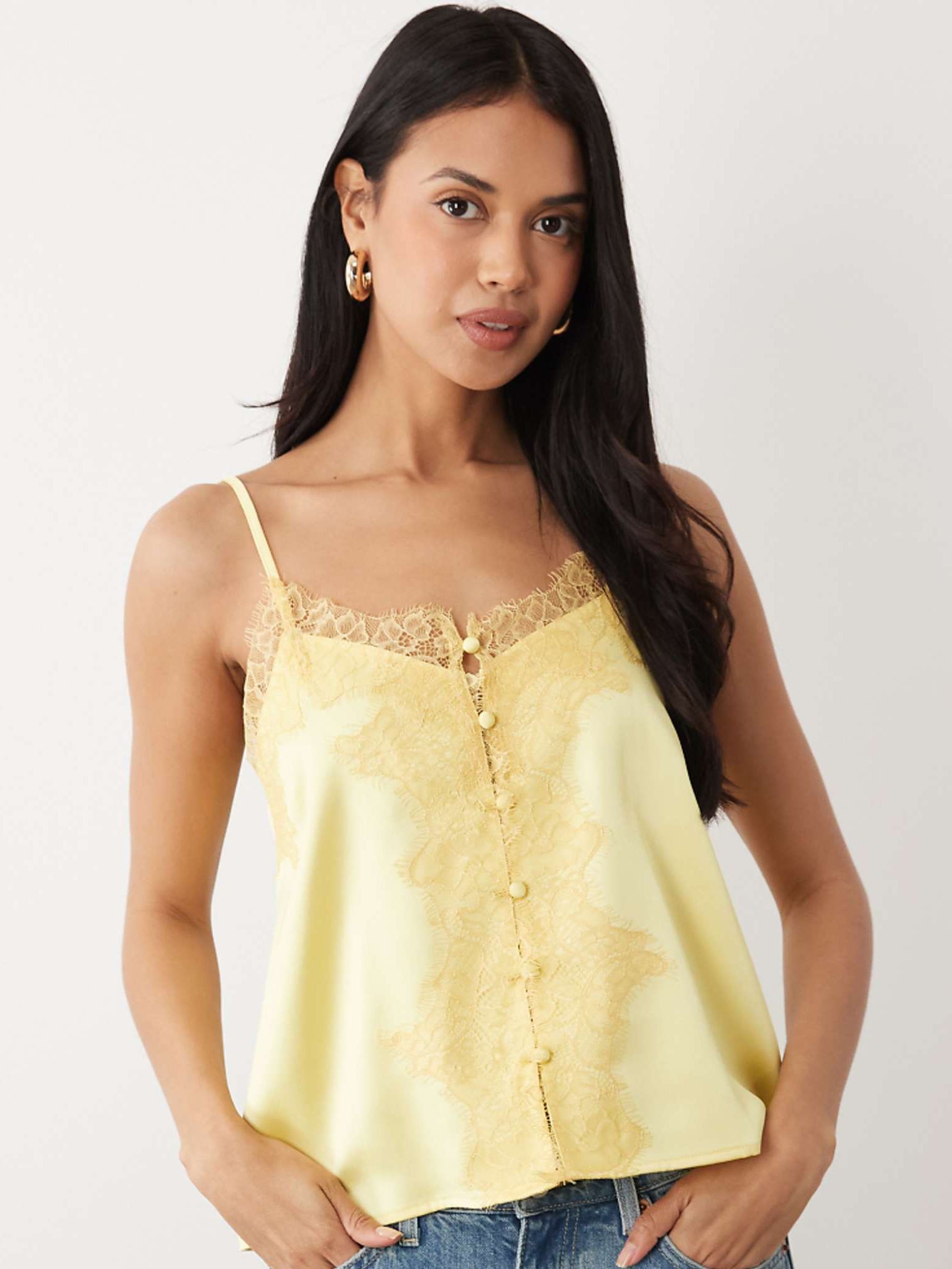 Asos Design Lace Trim Satin Cami Top in Butter Yellow