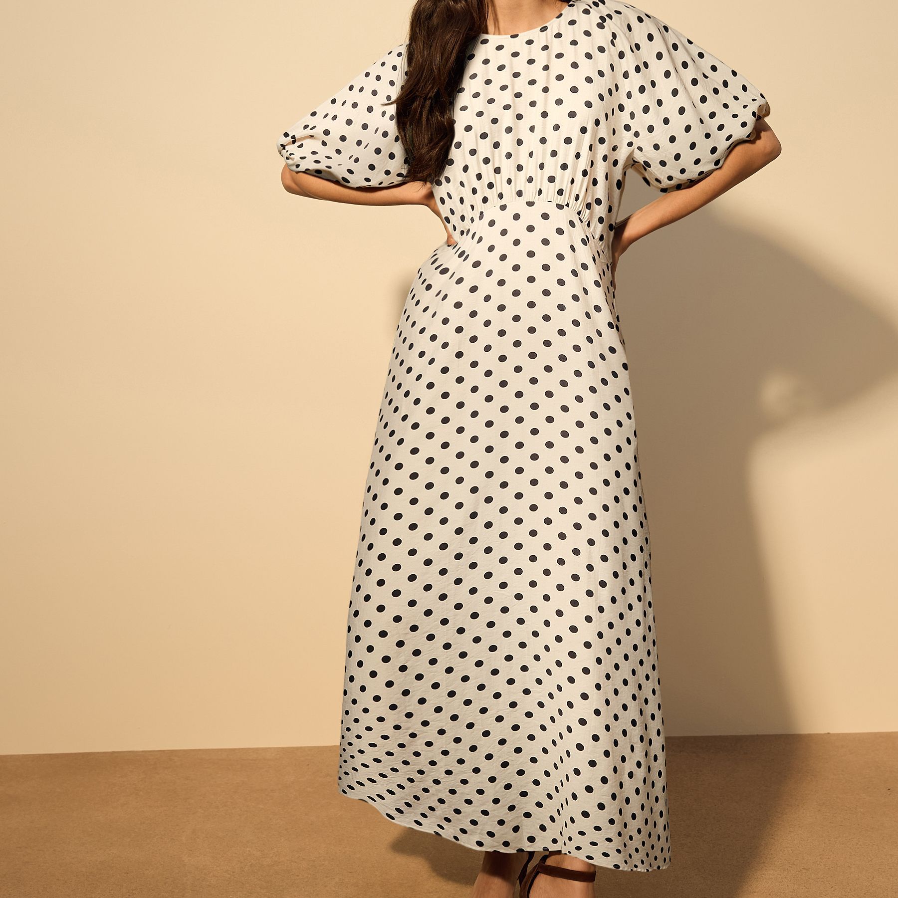 Ecru/black Polka Dot Puff Sleeve Midi Dress - Size 4