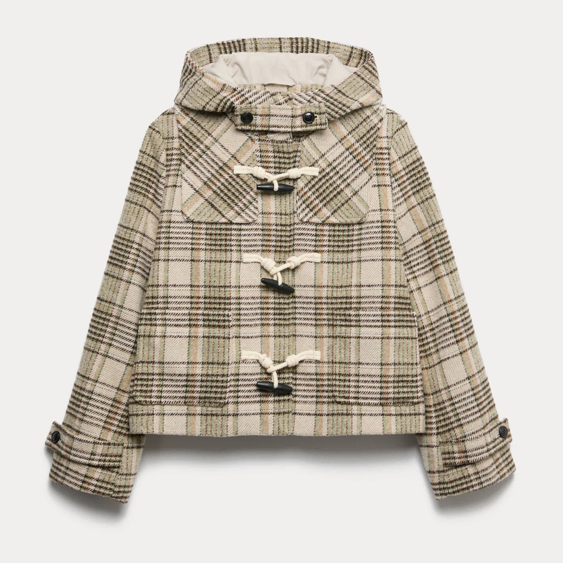 Checked Hooded Duffle Coat With Wool
