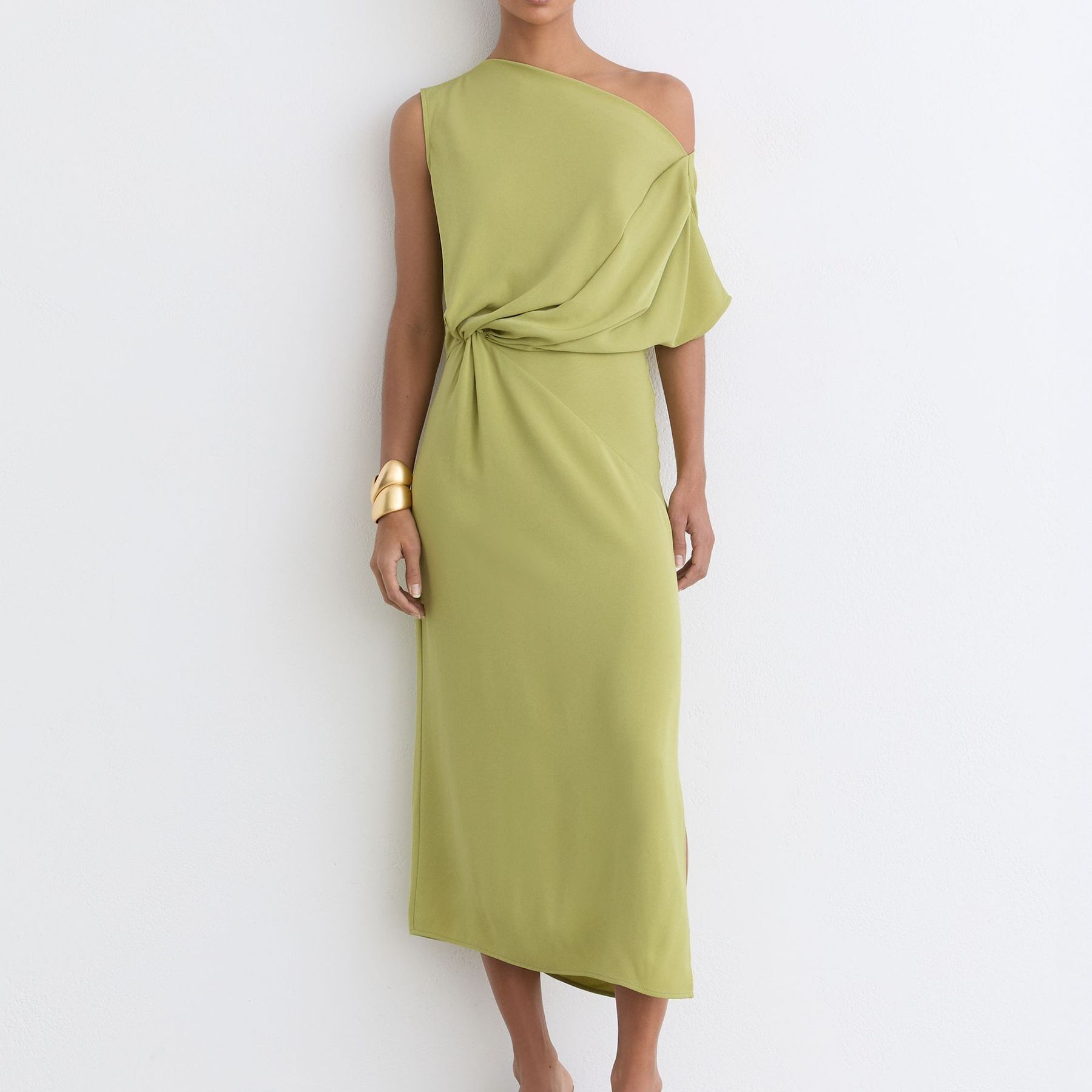 Off-Shoulder Tuck-Detail Midi Dress in Green