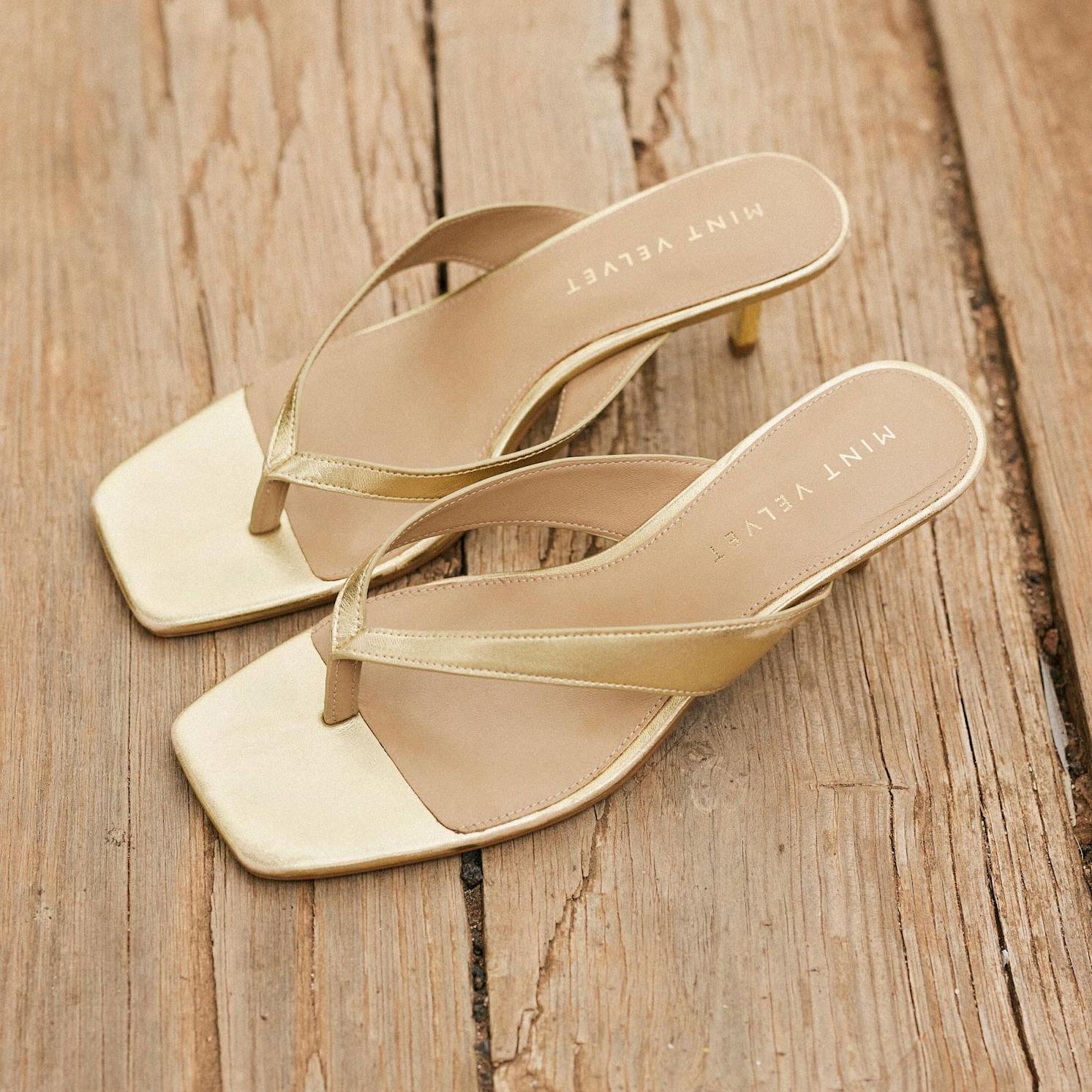 Betty Gold Leather Flip Flop Heels