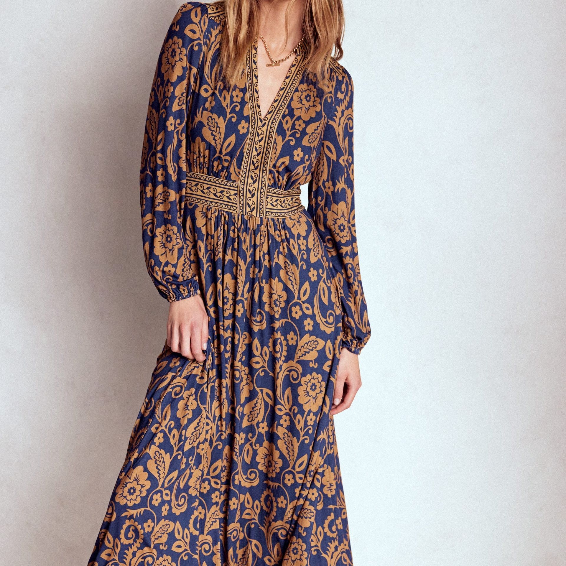 Lily Long Sleeve Midi Dress-French Navy, Ornate Flora