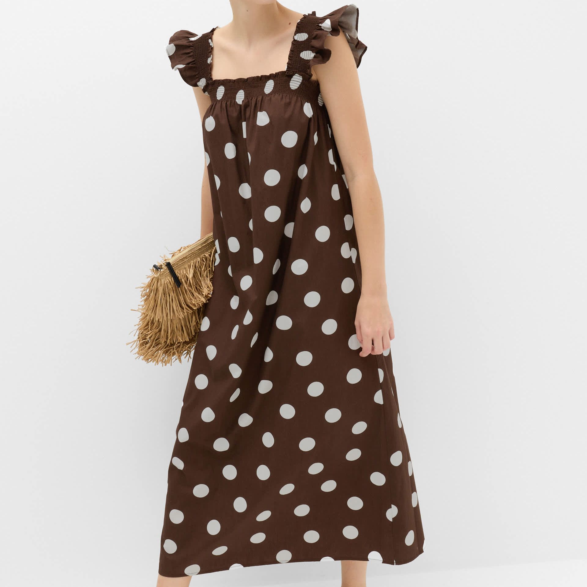 Pure Cotton Polka Dot Midi Shirred Dress