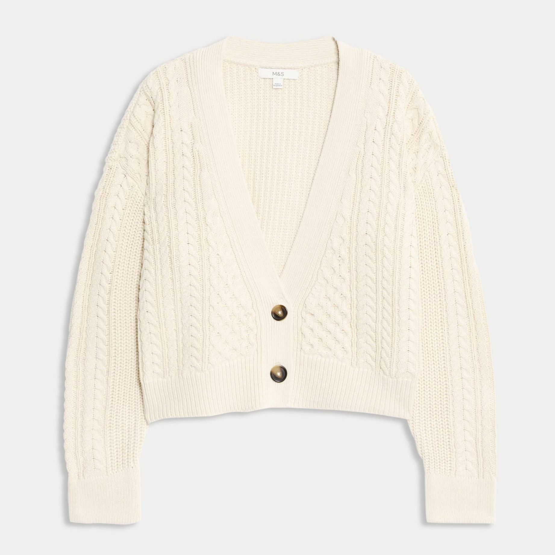 Cotton Rich Cable Knit V-Neck Cropped Cardigan