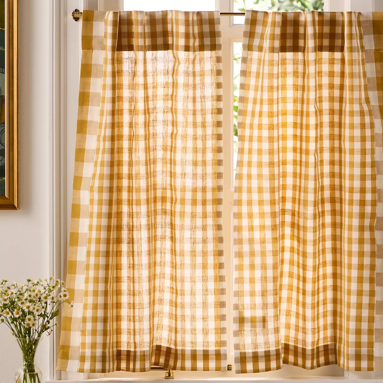 Cotton Linen Gingham Cafe Curtain, Set of 2