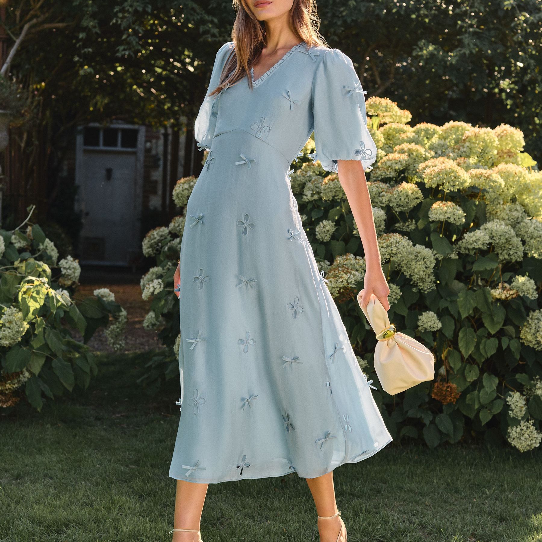 Love &amp;amp; Roses Pale Blue Bow Puff Sleeve V-Neck Midi Dress - Size 8