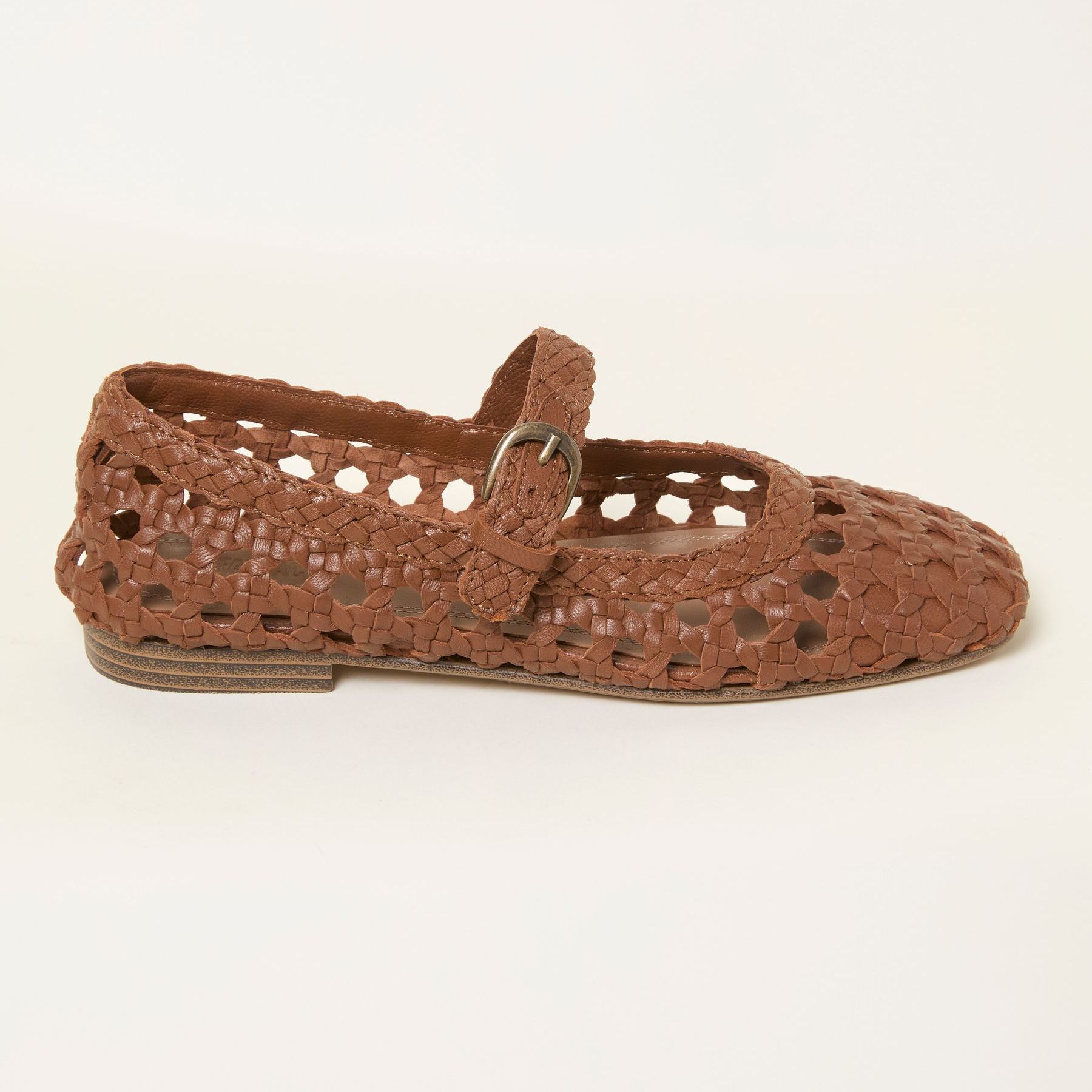Brown Leather Weave Mary Jane Flat