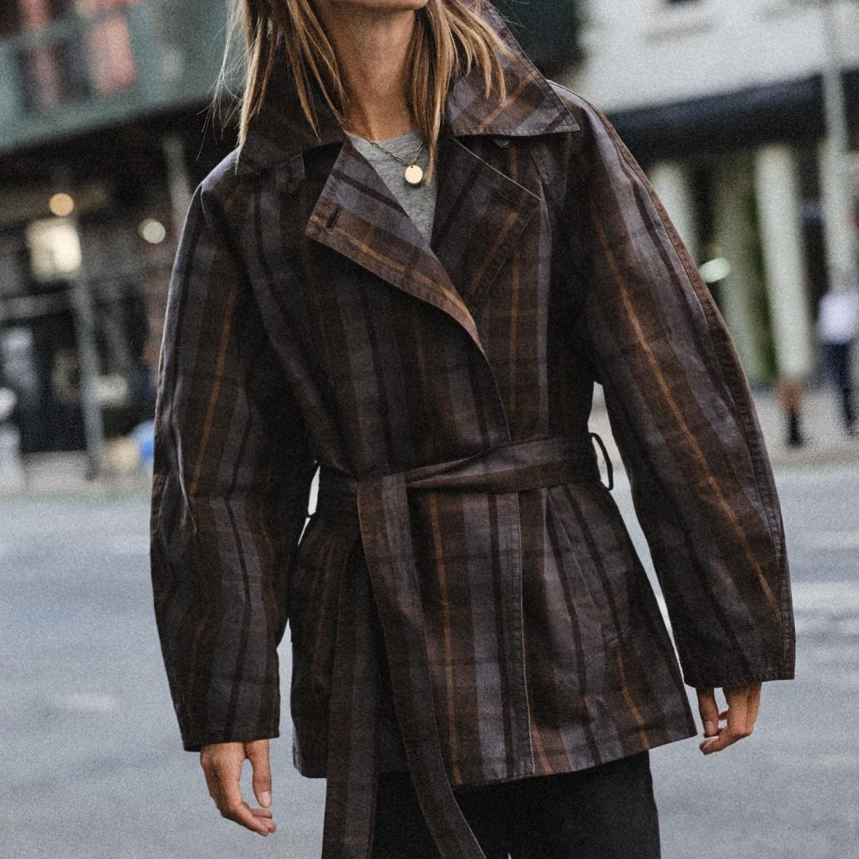 Belted Check Trench Coat - Brown-Blue - Xs