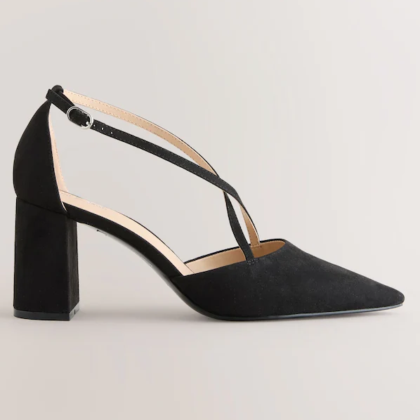 Next, black cross strap heels