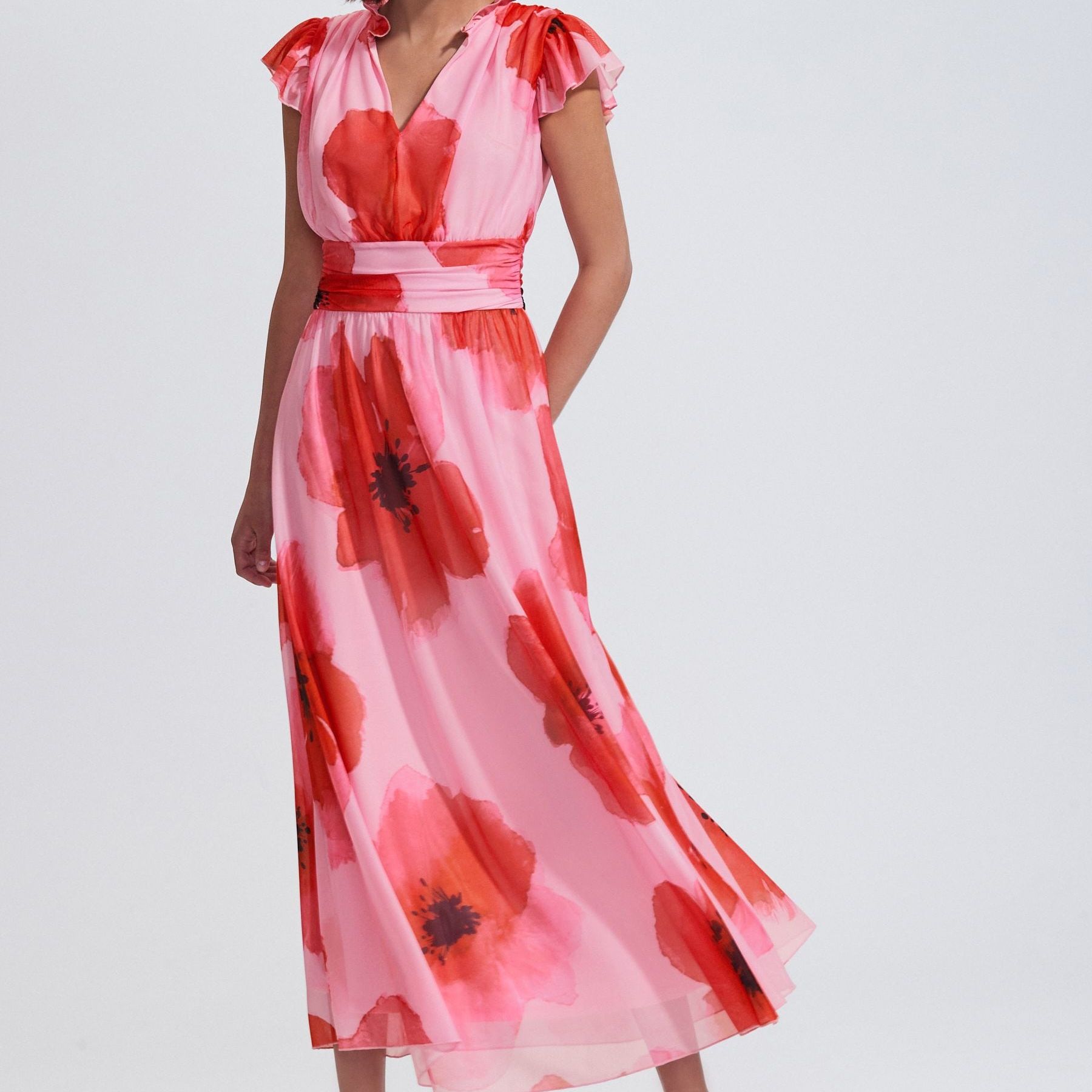 Red/pink Floral Pleated Mesh V-Neck Occasion Maxi Dress - Size 6