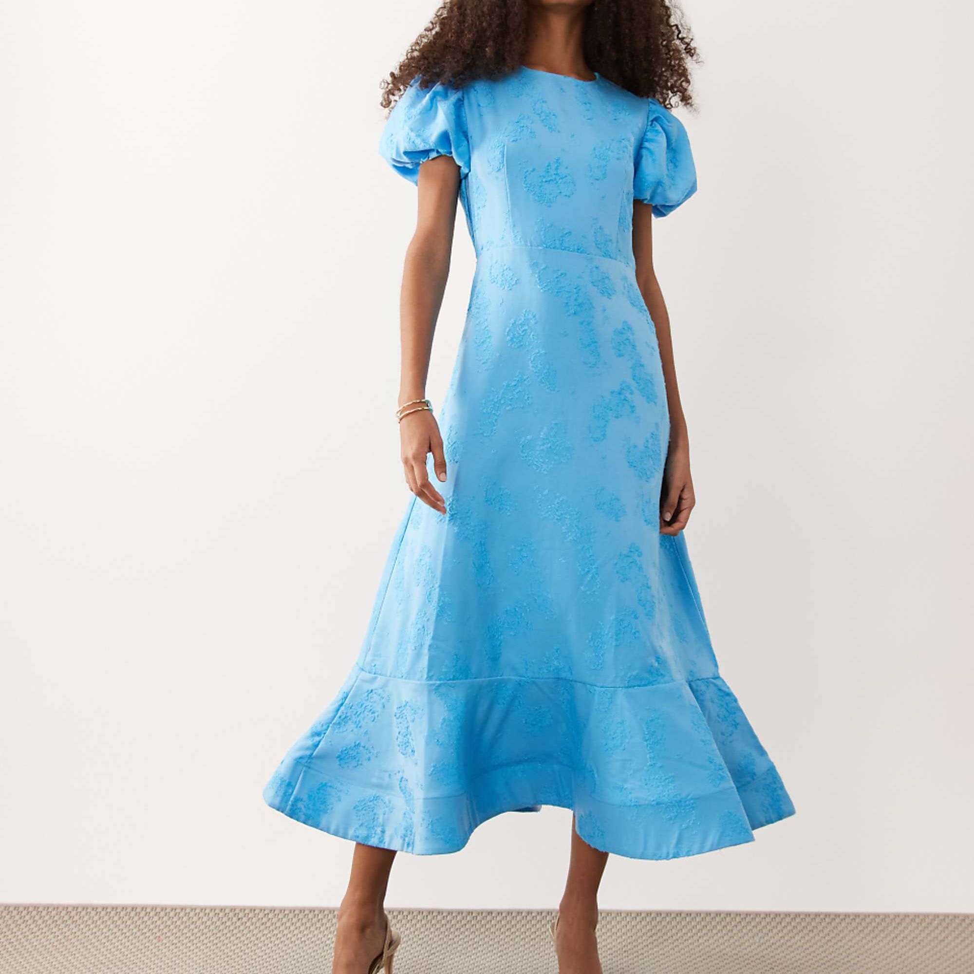 Sister Jane Exclusive Jacquard Puff Sleeve Structured Hem Midi Dress in Light Blue