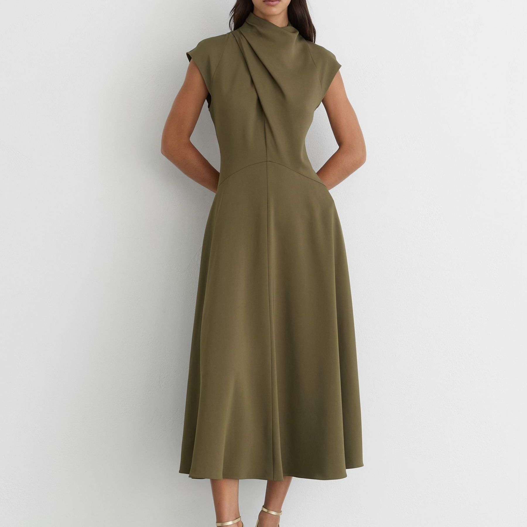 High-Neck Pleat-Detail Midi Dress in Khaki Green - Size 4
