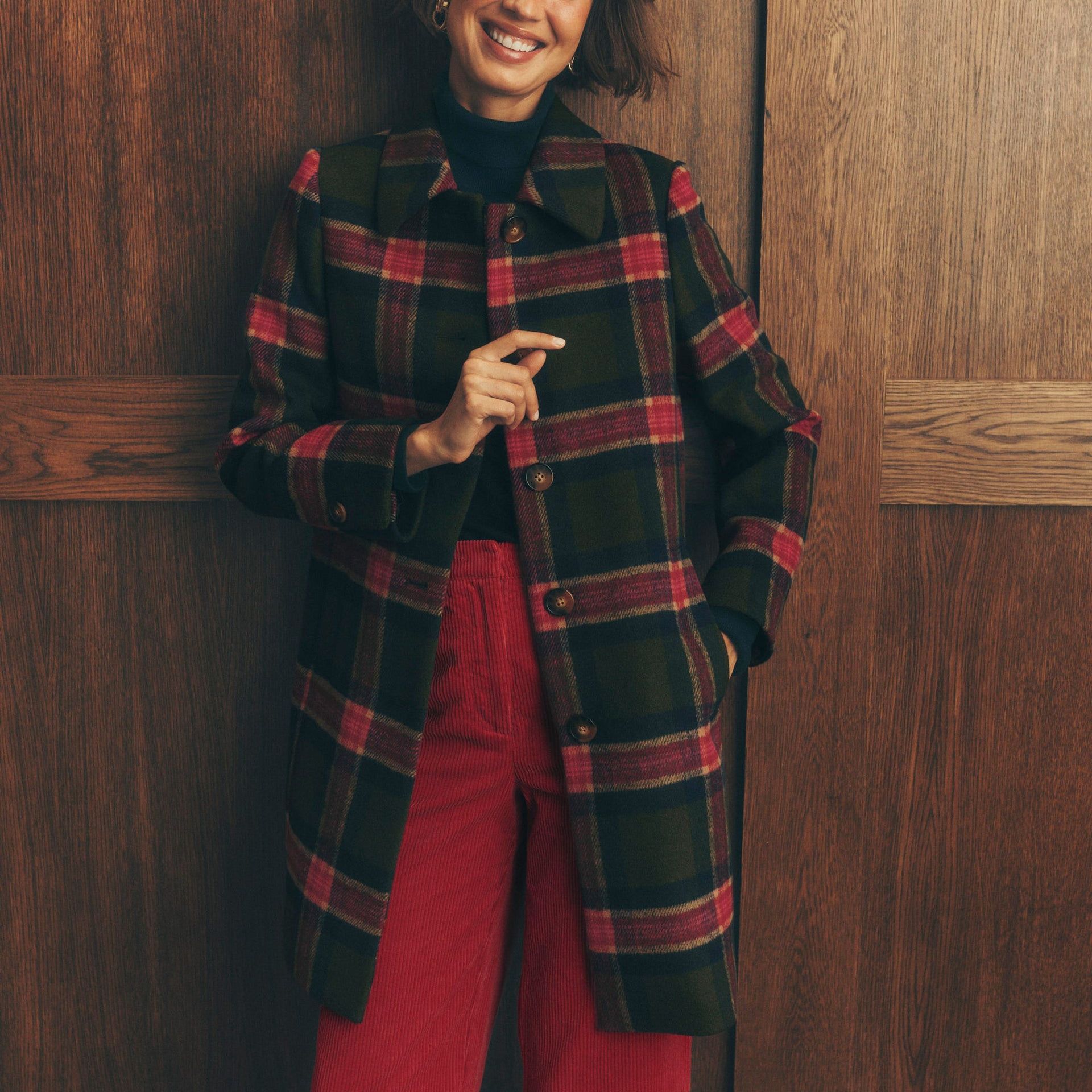 Aylesford Wool Coat-Olive, Navy and Red Check