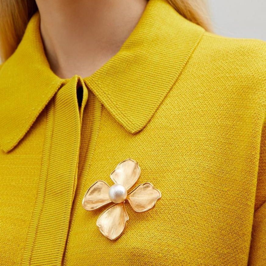 Gold-Plated Large Faux Pearl Flower Brooch