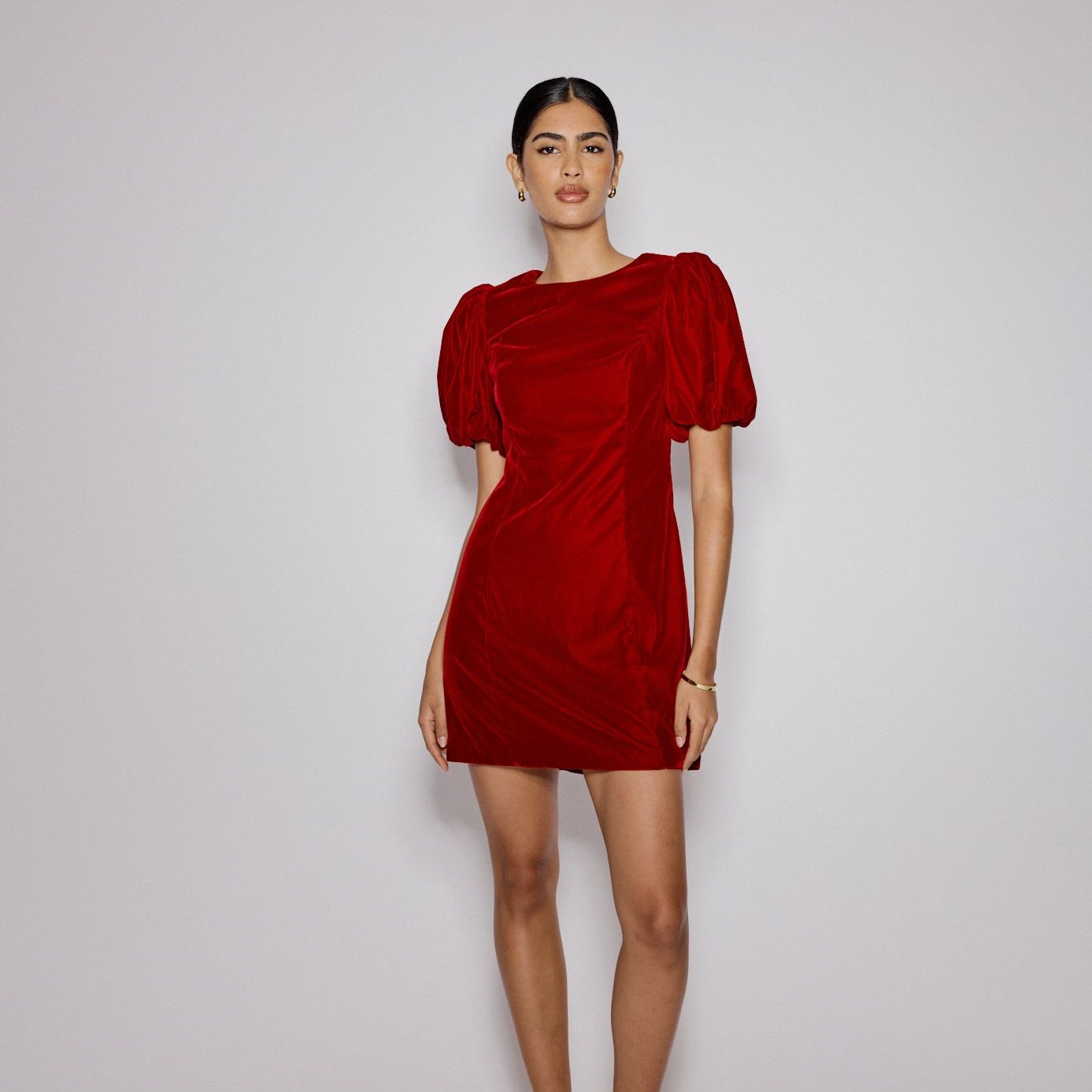 Red Velvet Puff Sleeve Boston Mini Shift Dress