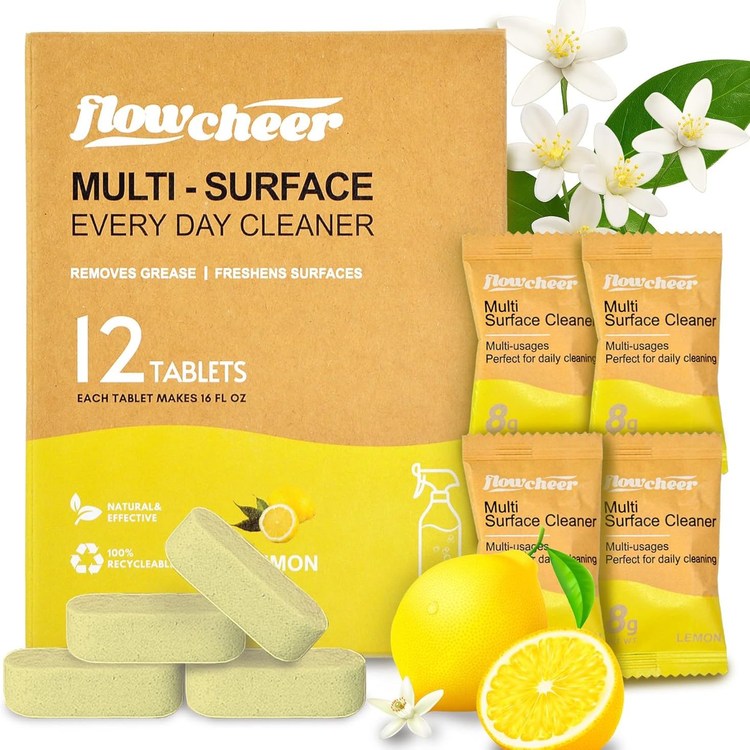 Flowcheer All Purpose Cleaner Concentrate Refills, Multi Surface Clean Refill,no Toxic Cleaning Tablets(12pack)-Makes 192 Fl Oz(12x16fl Oz)bottles of Spray Cleaner for Household&kitchen Cleaning-Lemon