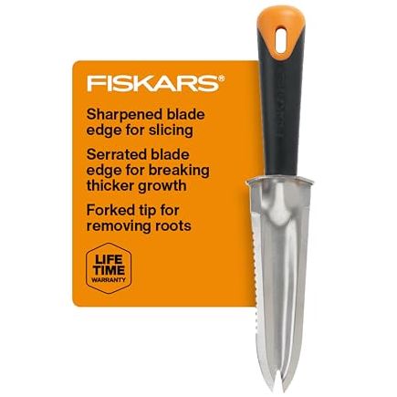 Fiskars Steel Garden Knife, Multi-Purpose Weed Puller Gardening &amp;amp; Yard Tool | Use for Tasks Like Digging, Weeding &amp;amp; Planting, Sharp &amp;amp; Serrated Blade Edges, Plated Steel Head Resists Rust, Softgrip Handle