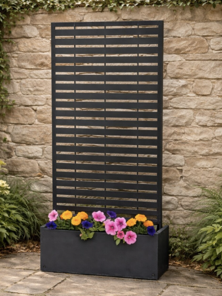 black metal privacy screen with planter