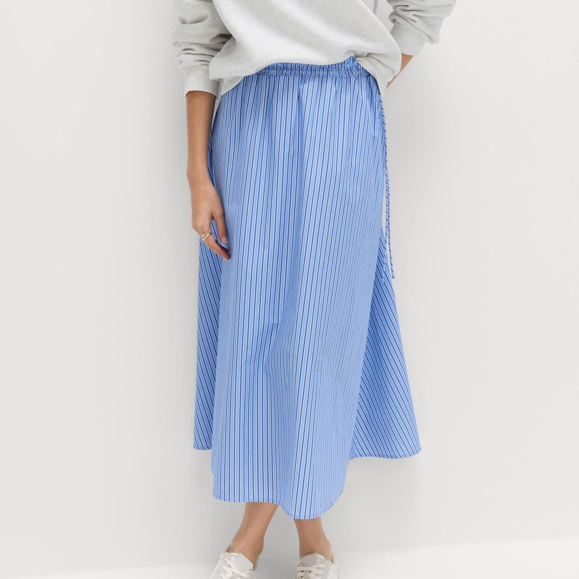 Pure Cotton Poplin Striped Pleated Midi Skirt