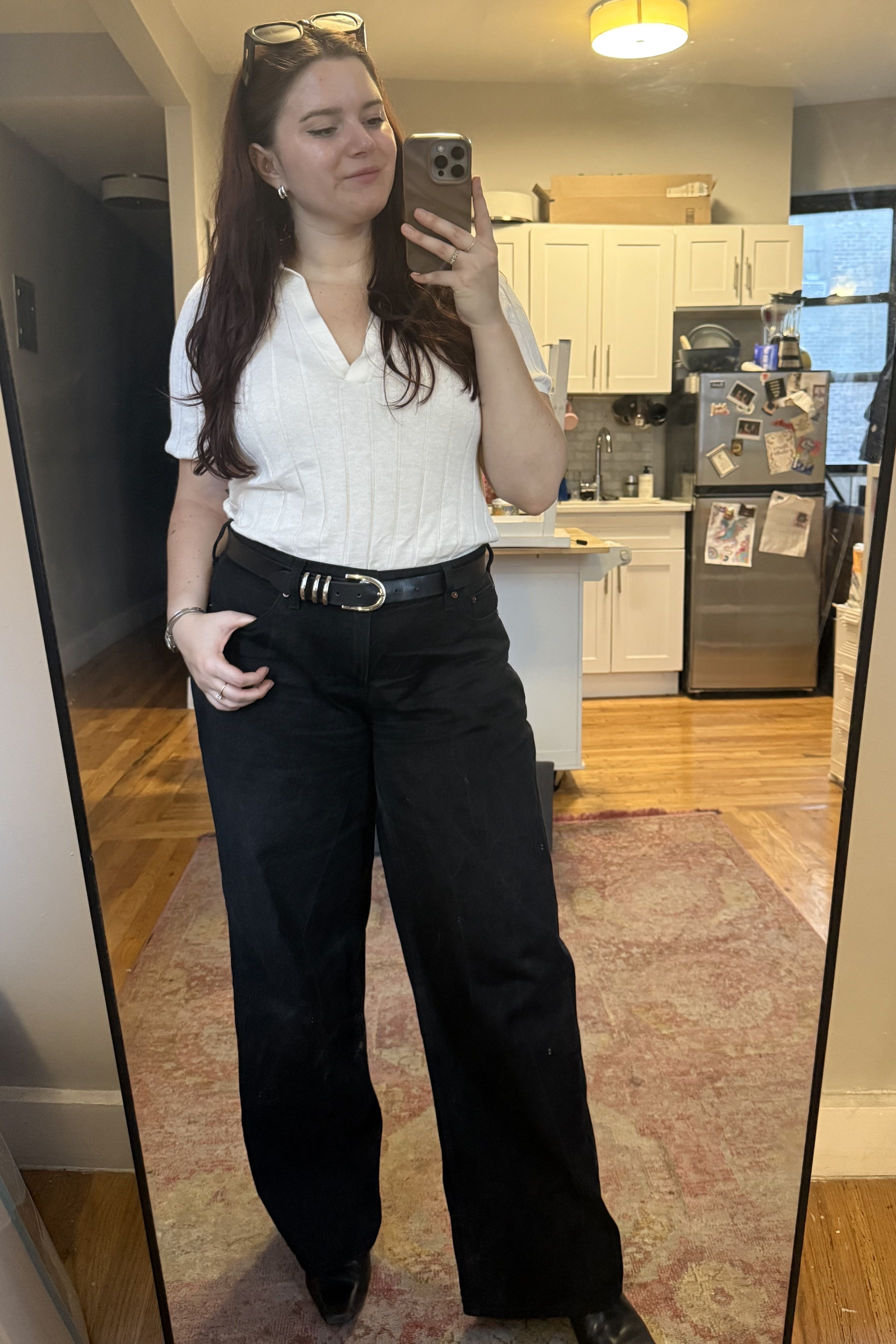Brooke knappenberger poses in mirror while wearing Abercrombie &amp;amp; Fitch Low Rise Ultra Loose Jean