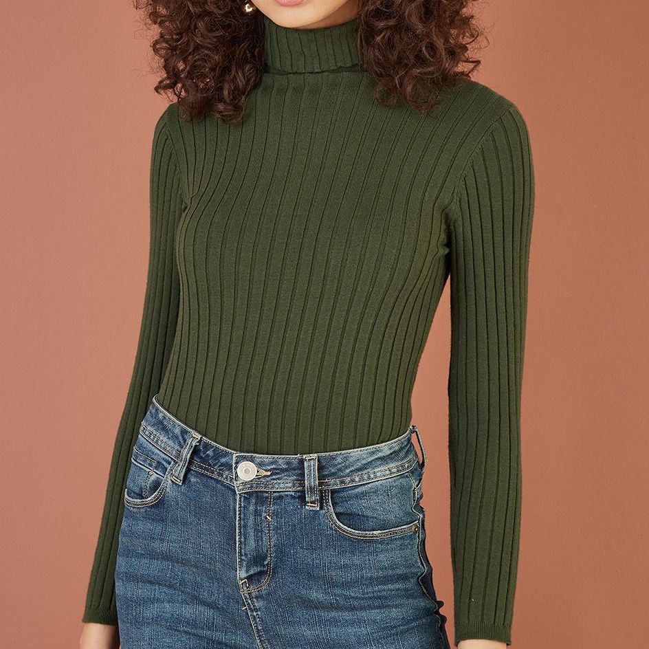 Green Ribbed Knit Roll Neck Jumper