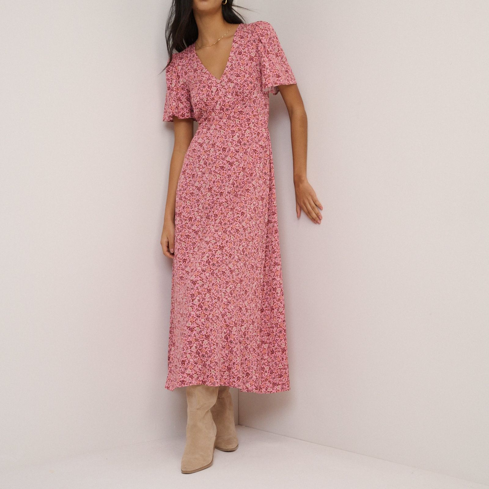 Pink Floral Atlas Midi Dress