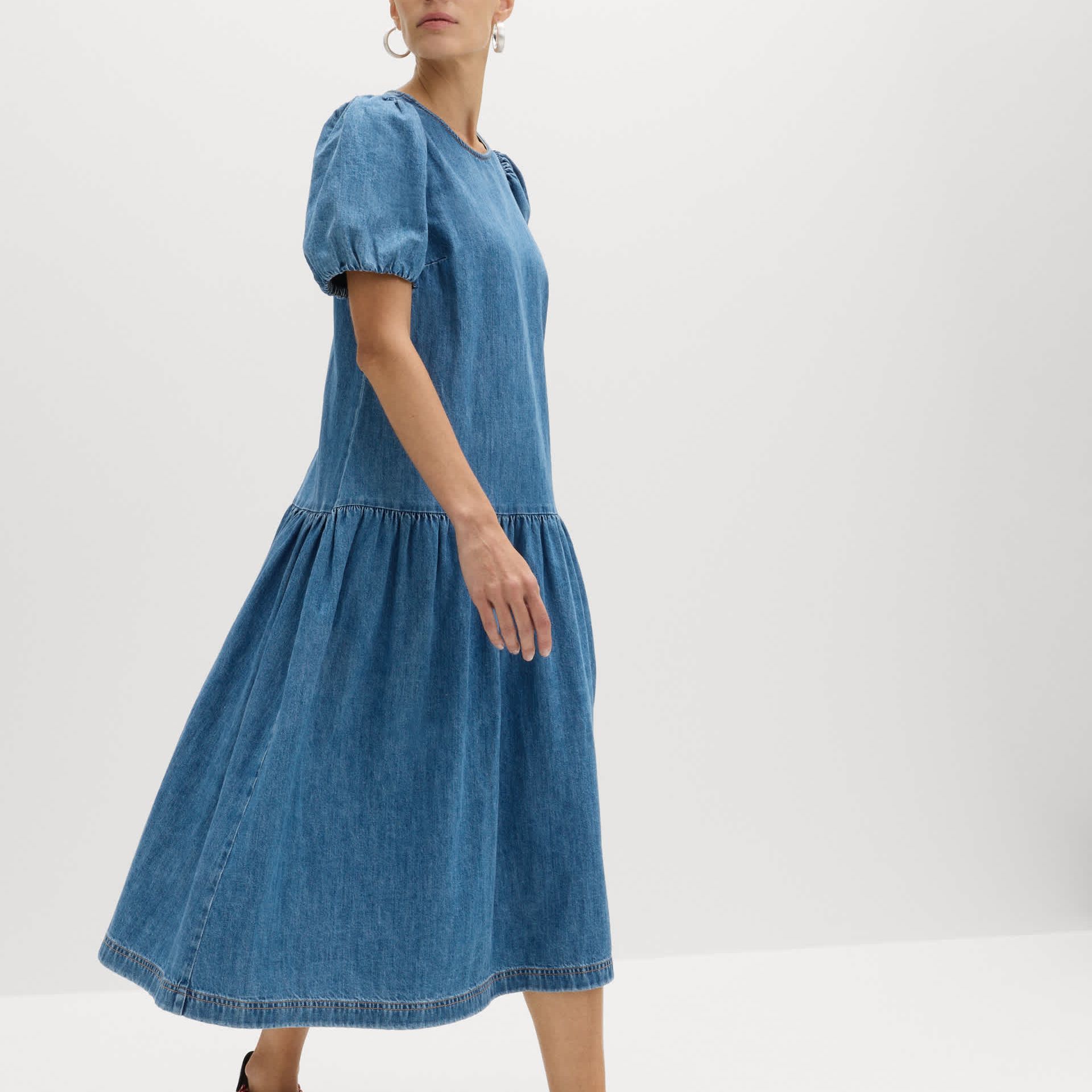 Denim Puff Sleeve Midi Drop Waist Dress