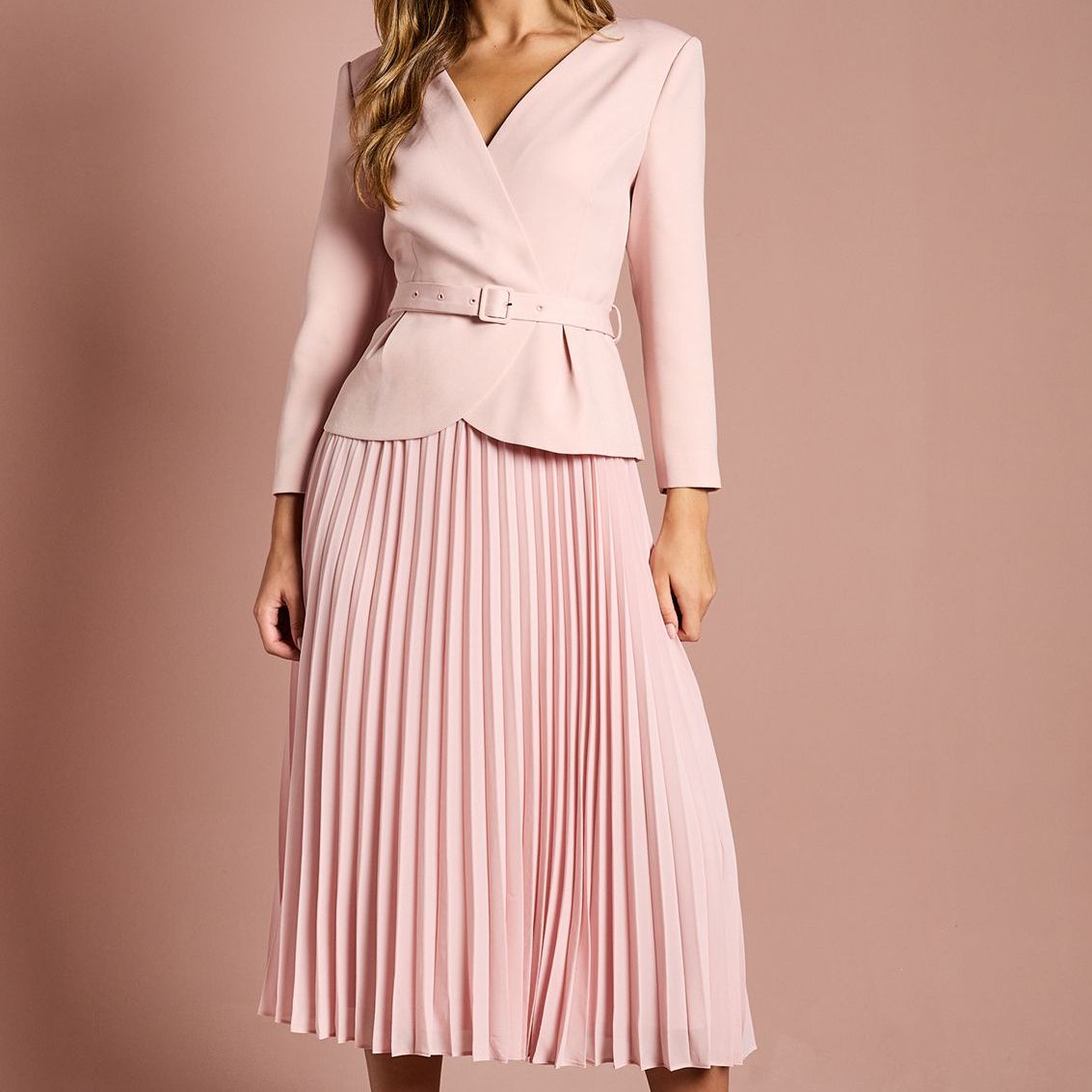 Crepe Bodice Long Sleeve Pleated Midi Dress