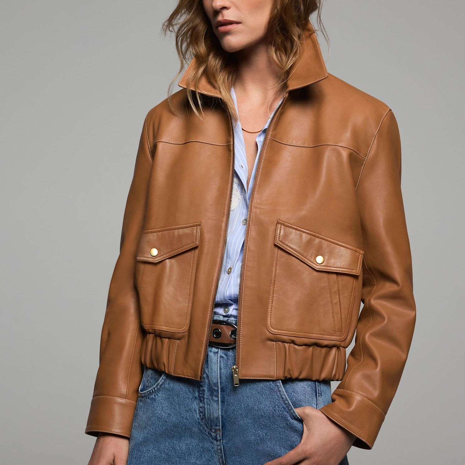 Tan Leather Collared Bomber Jacket