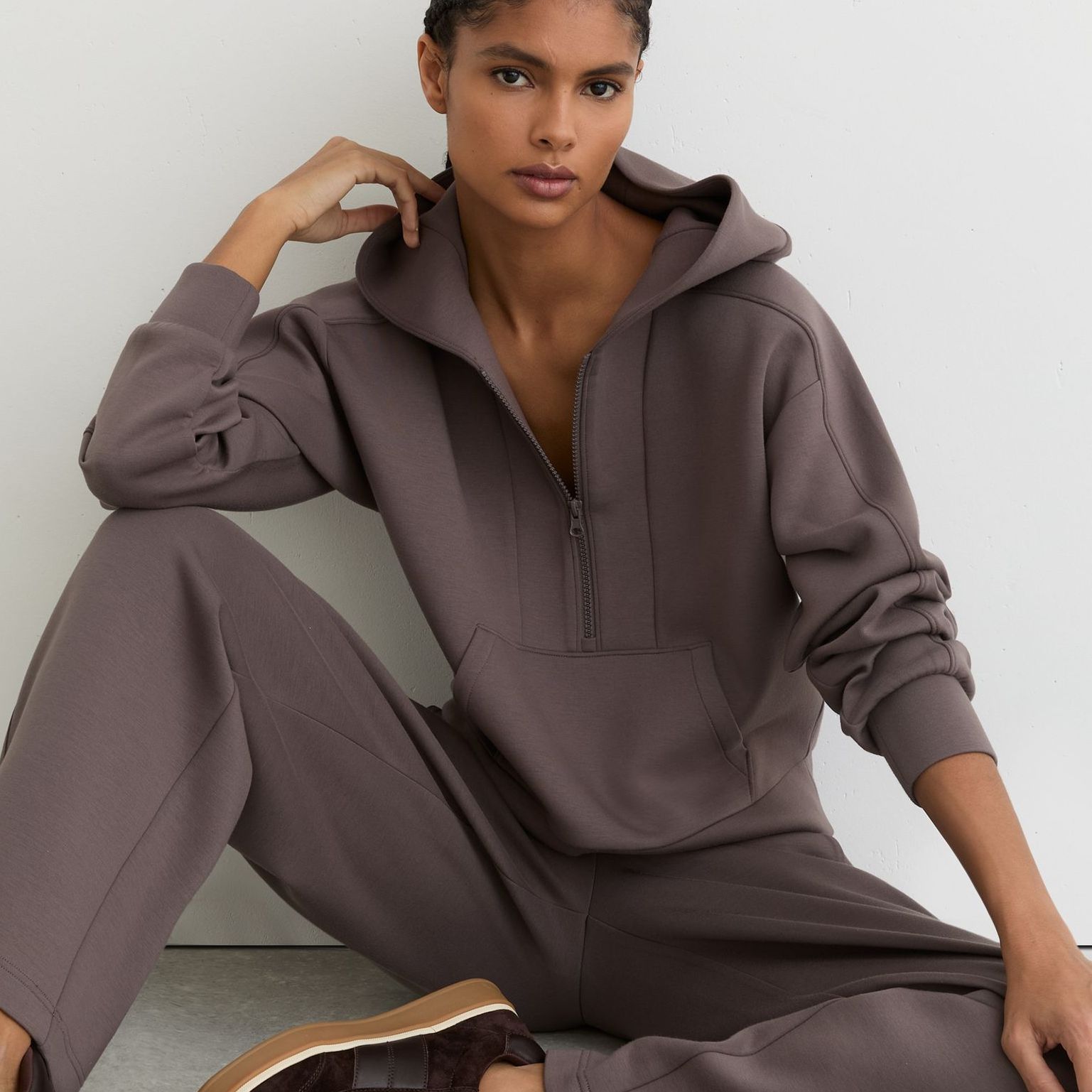 Premium Interlock Half-Zip Hoodie in Taupe Brown