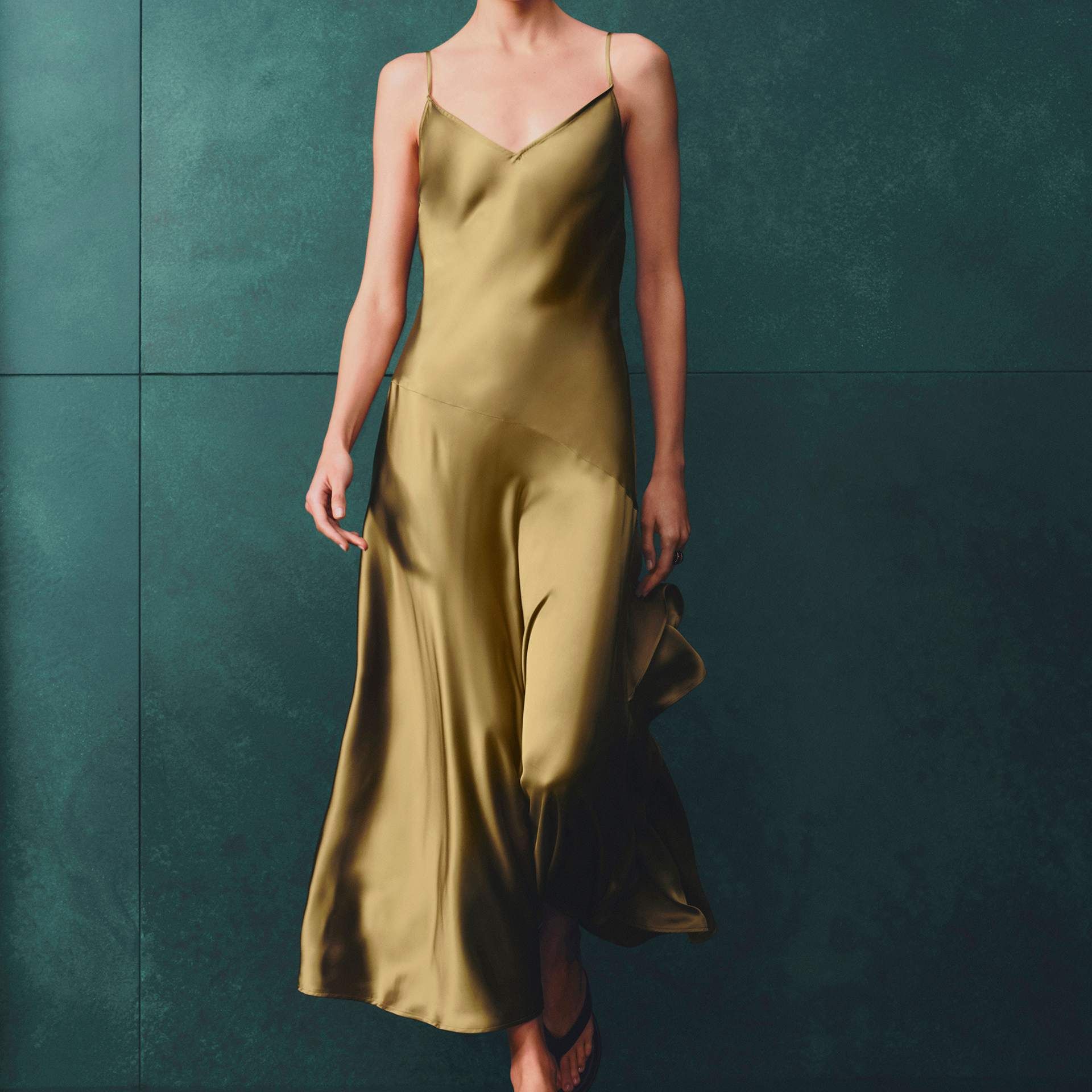 Satin Ruffle Maxi Slip Dress