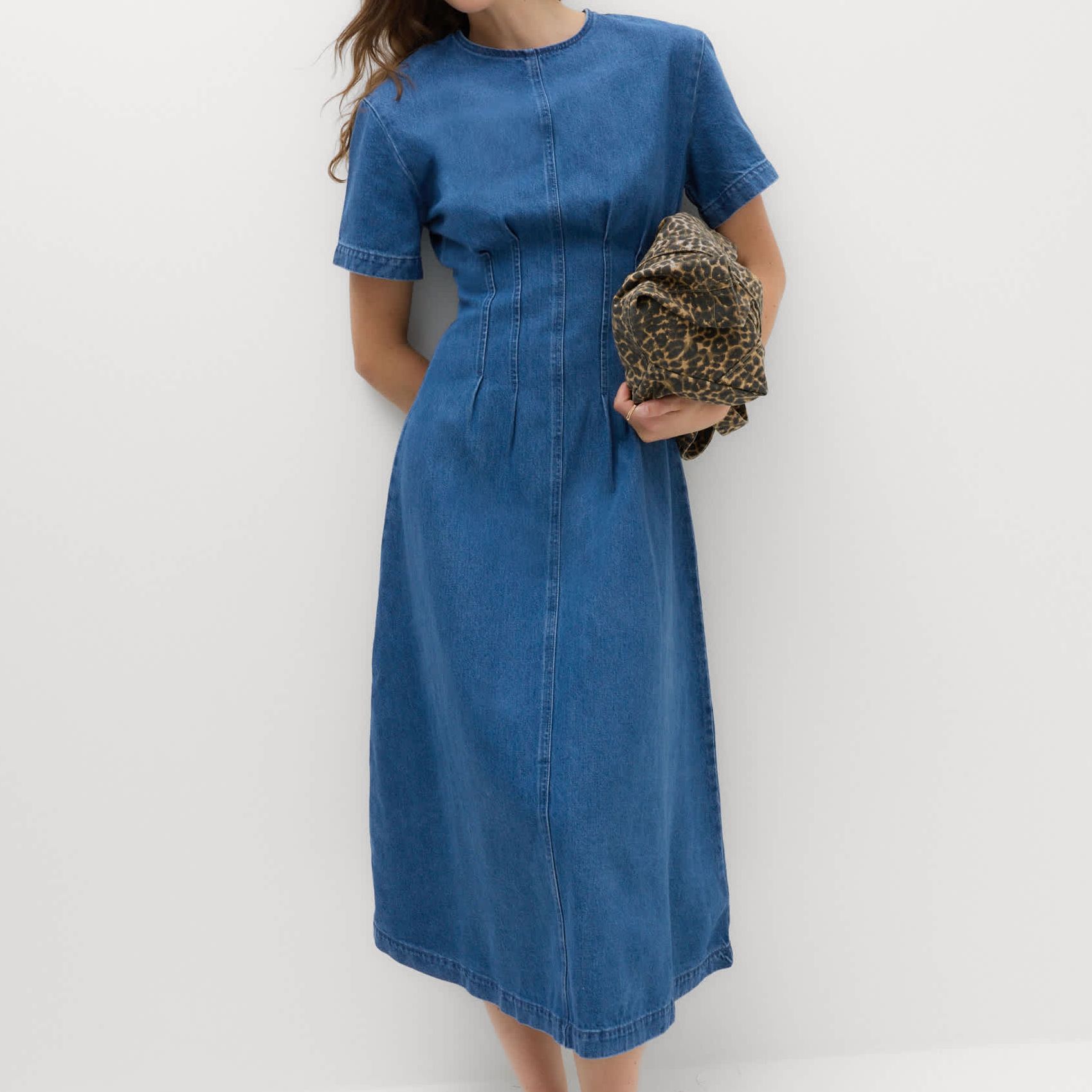 Denim Pintuck Midi Column Dress