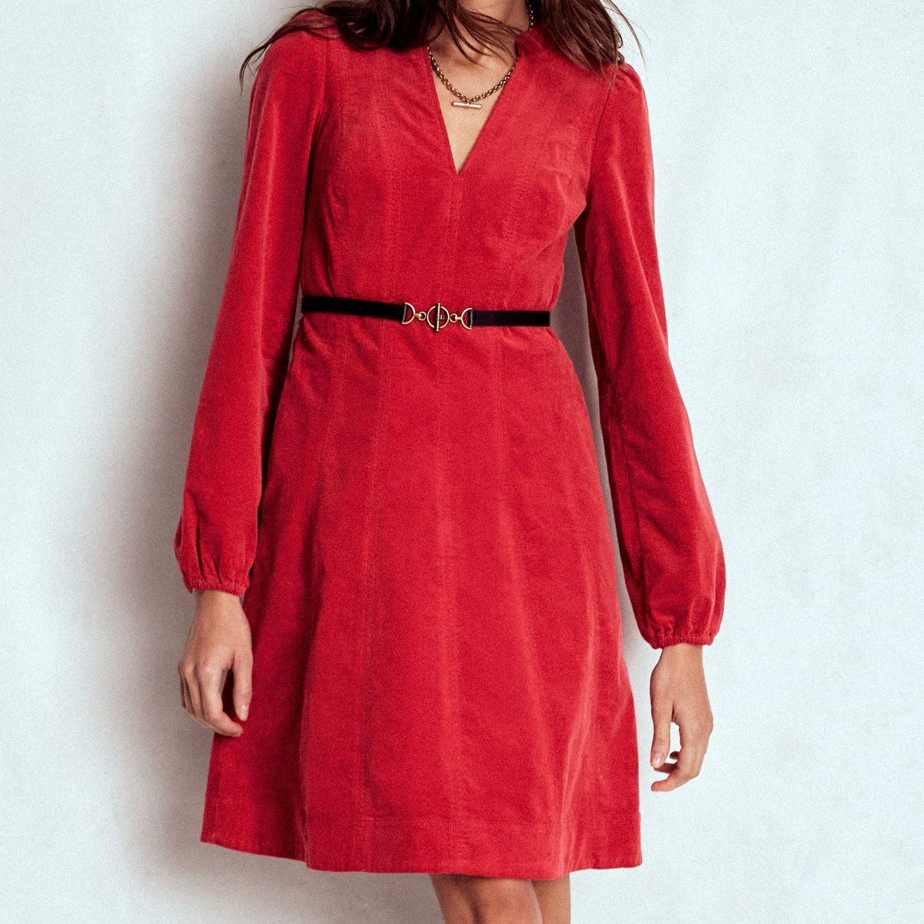 Ros Panelled Cord Short Dress-Crimson Red