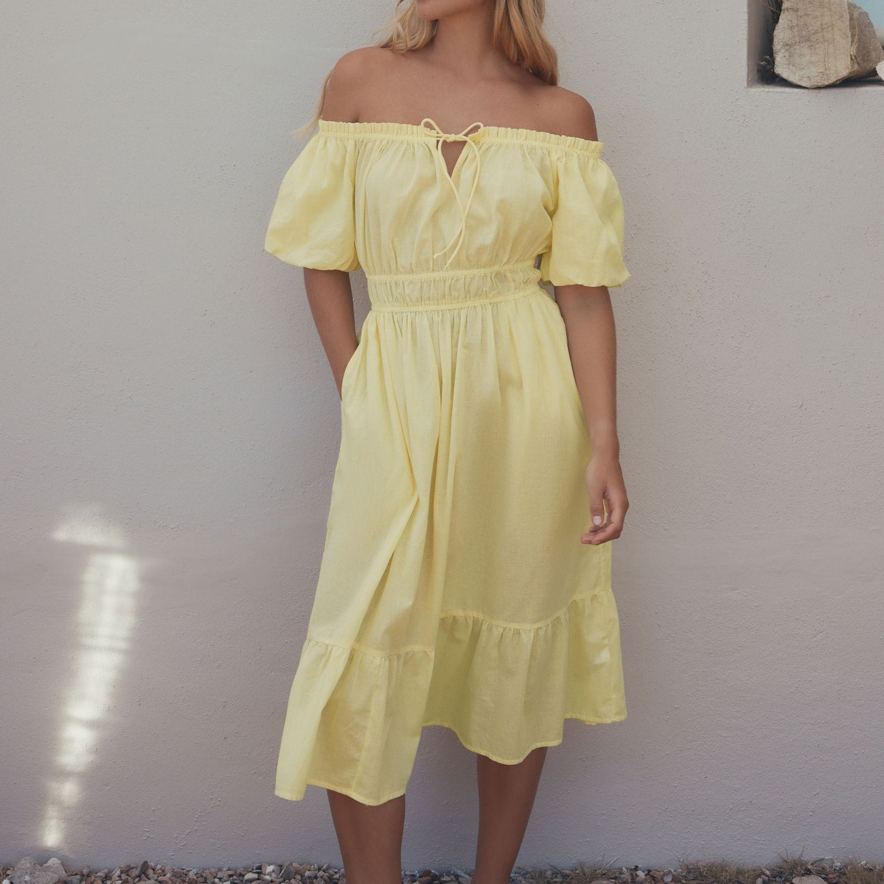 Lemon Yellow Off the Shoulder Midi Dress - Size 6